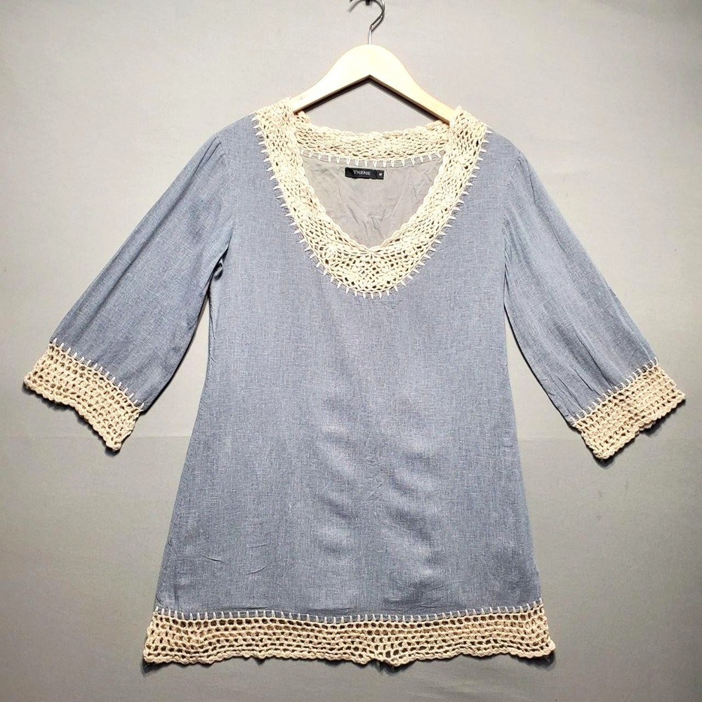 Theme 100% Linen Crochet Boho Tunic Top Womens M Blue Grey Boho Indie Festival